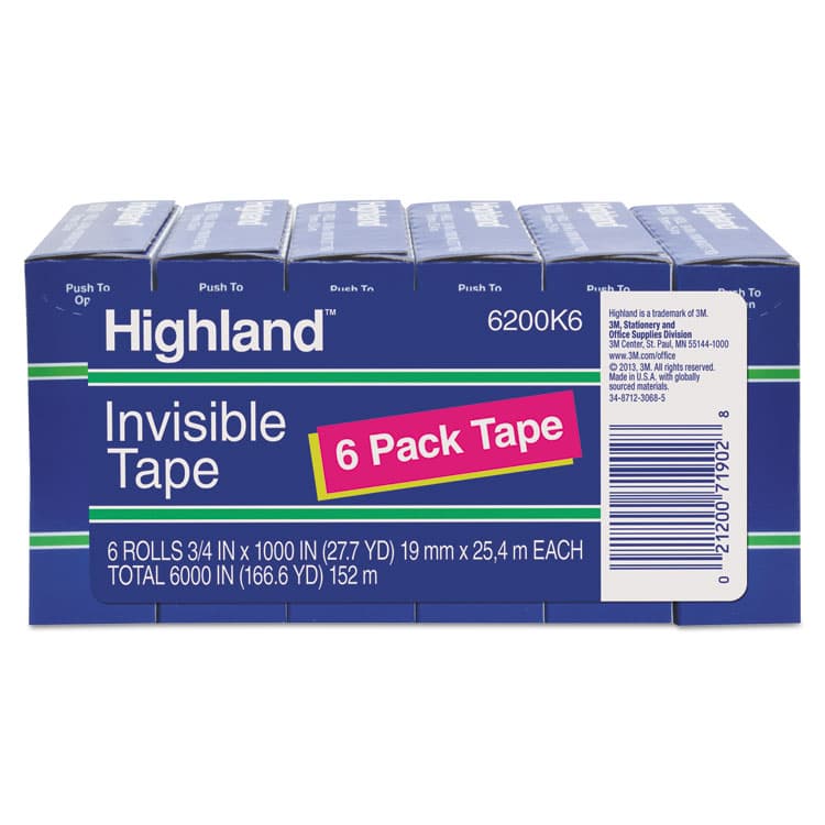 3M/COMMERCIAL TAPE DIV. Invisible Permanent Mending Tape, 1" Core, 0.75" x 83.33 ft, Clear, 6/Pack (MMM6200K6)