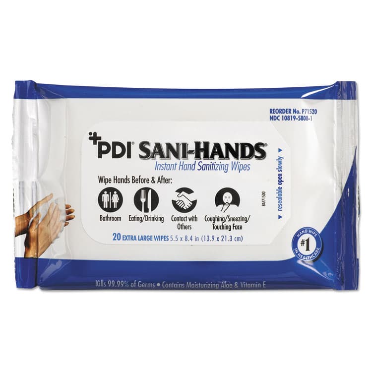 NICE-PAK PRODUCTS, PDI Sani-Hands Instant Hand Sanitizing Wipes, 1-Ply, 5.5 x 8.4, White, 20/Pack, 48 Packs/Carton (NICP71520)