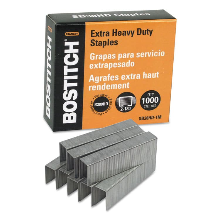 STANLEY BOSTITCH Heavy-Duty Premium Staples, 0.88" Leg, 0.5" Crown, Steel, 1,000/Box (BOSSB38HD1M)
