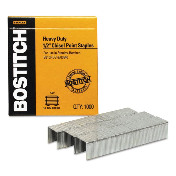 STANLEY BOSTITCH Heavy-Duty Premium Staples, 0.5" Leg, 0.5" Crown, Steel, 1,000/Box (BOSSB35121M)