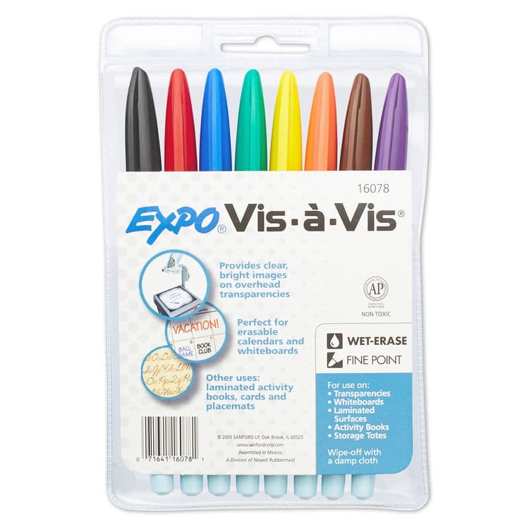 SANFORD Vis-a-Vis Wet Erase Marker, Fine Bullet Tip, Assorted Colors, 8/Set (SAN2134345)