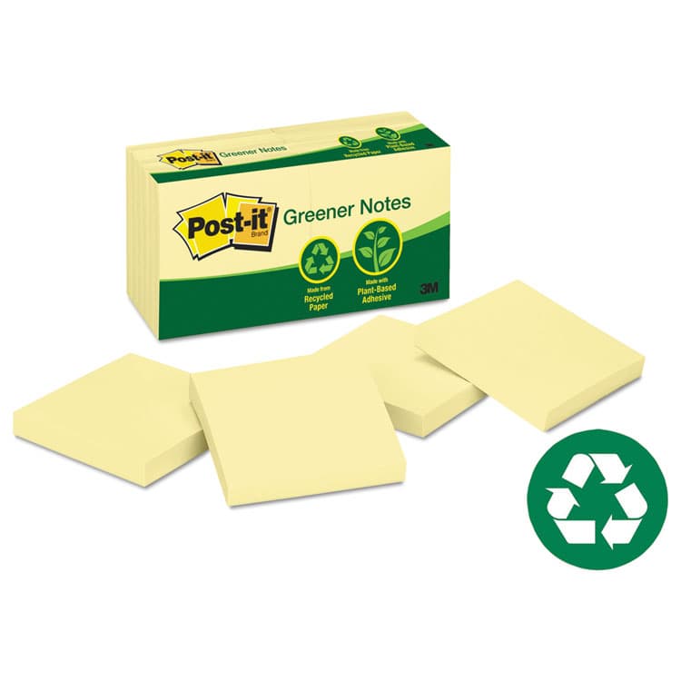 3M/COMMERCIAL TAPE DIV. Original Recycled Note Pads, 3" x 3", Canary Yellow, 100 Sheets/Pad, 12 Pads/Pack (MMM654RPYW)