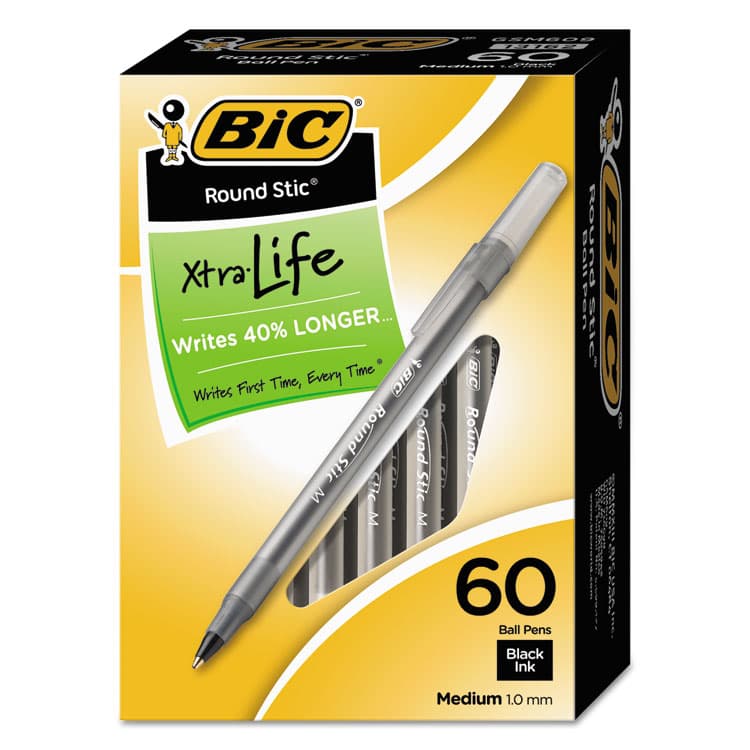 BIC CORP. Round Stic Xtra Life Ballpoint Pen Value Pack, Stick, Medium 1 mm, Black Ink, Translucent Frost Barrel, 60/Box (BICGSM609BK)