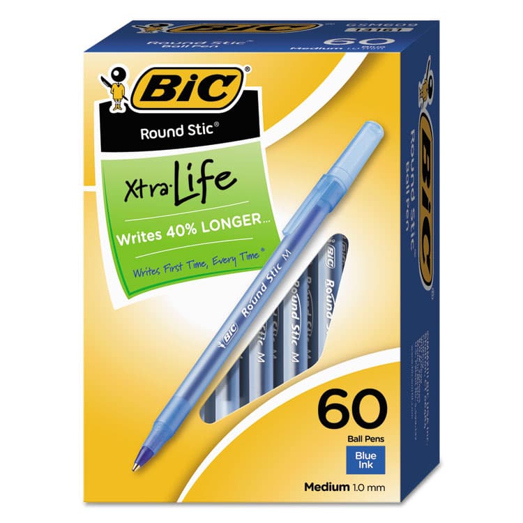 BIC CORP. Round Stic Xtra Life Ballpoint Pen Value Pack, Stick, Medium 1 mm, Blue Ink, Translucent Blue Barrel, 60/Box (BICGSM609BE)