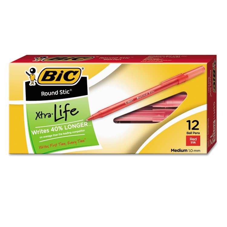 BIC CORP. Round Stic Xtra Life Ballpoint Pen, Stick, Medium 1 mm, Red Ink, Translucent Red Barrel, Dozen (BICGSM11RD) thumbnail 4