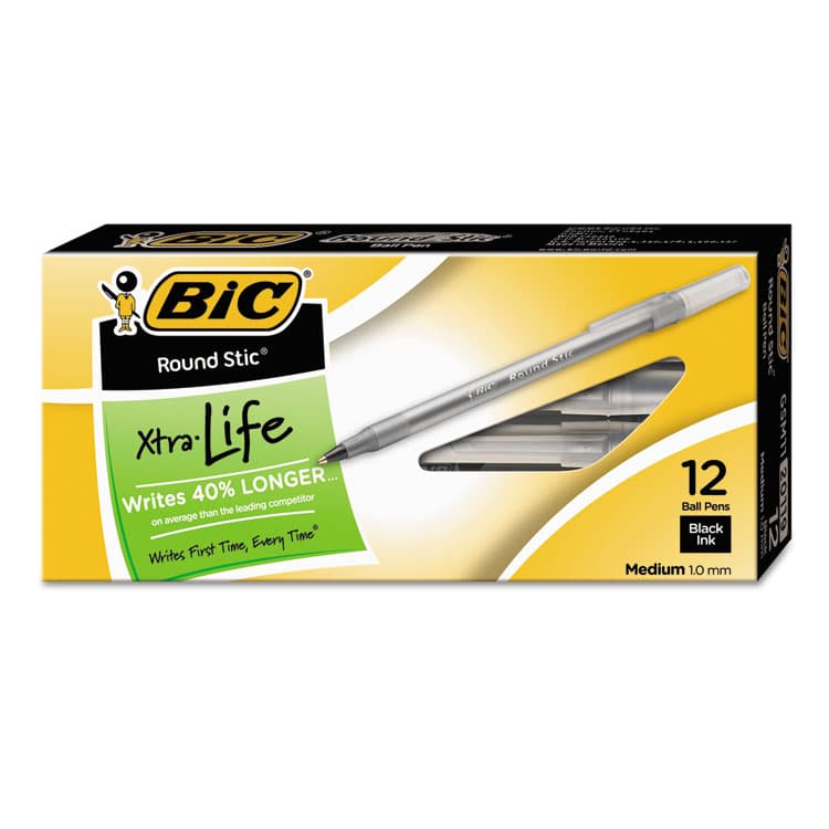 BIC CORP. Round Stic Xtra Life Ballpoint Pen, Stick, Medium 1 mm, Black Ink, Translucent Black Barrel, Dozen (BICGSM11BK)