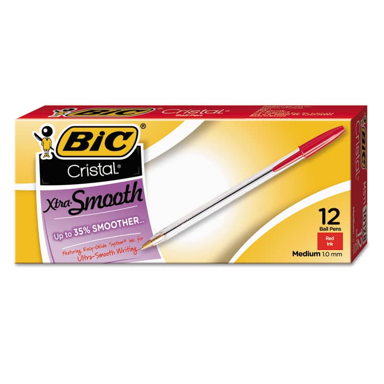 BIC CORP. Cristal Xtra Smooth Ballpoint Pen, Stick, Medium 1 mm, Red Ink, Clear Barrel, Dozen (BICMS11RD)