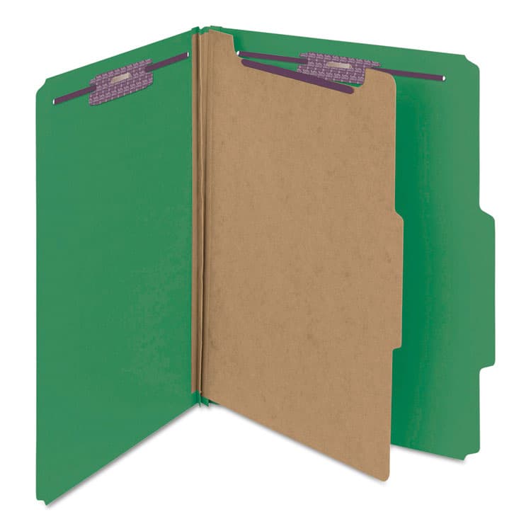 SMEAD MANUFACTURING CO. Pressboard Top Tab Classification Folders, Expands 2", 1 Divider, 4 SafeSHIELD Fasteners, Letter Size, Green, 10/Box (SMD13733) thumbnail 2