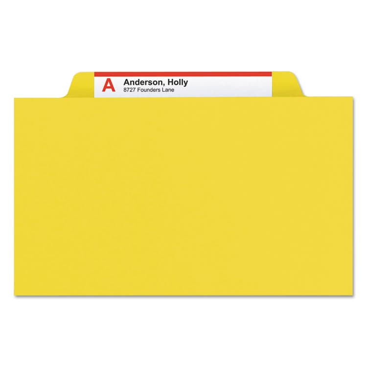 SMEAD MANUFACTURING CO. Pressboard Top Tab Classification Folder, 2/5 Tab, Expands 3", 3 Dividers, 8 SafeSHIELD Fasteners, Letter Size, Yellow, 10/BX (SMD14098) thumbnail 3