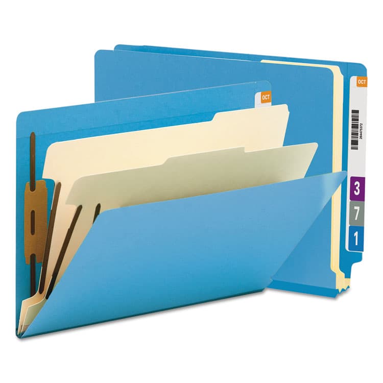 SMEAD MANUFACTURING CO. Colored End Tab Classification Folders, Straight Tab, Expands 2", 2 Dividers, 6 Fasteners, Letter Size, Blue, 10/Box (SMD26836)