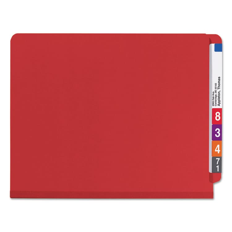 SMEAD MANUFACTURING CO. End Tab Pressboard Classification Folders, Expands 2", 2 Dividers, 6 SafeSHIELD Fasteners, Letter Size, Bright Red, 10/Box (SMD26783) thumbnail 4