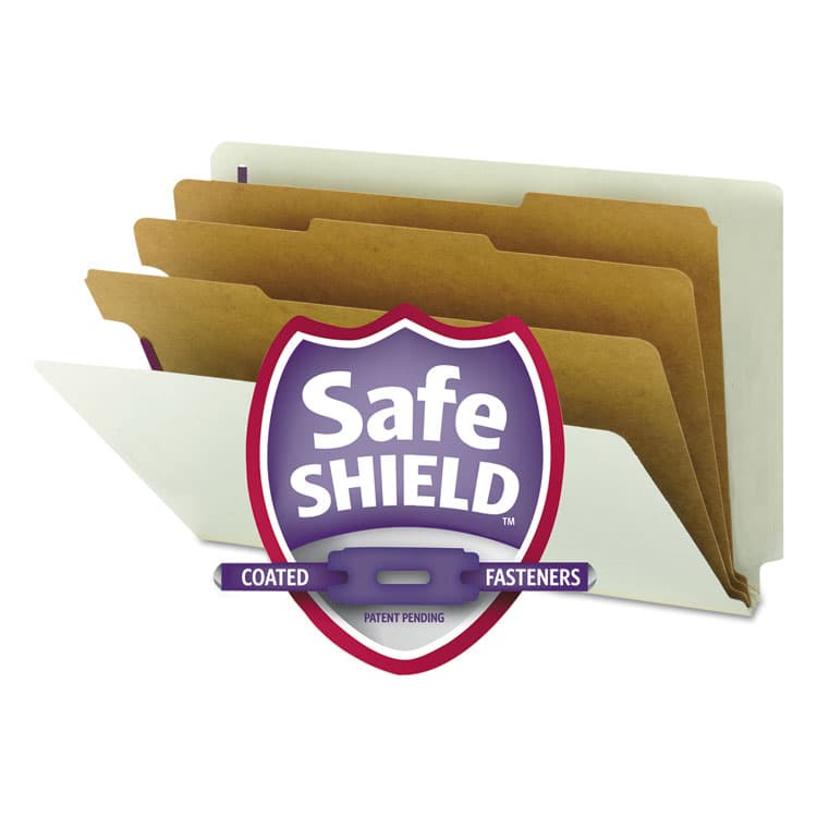 SMEAD MANUFACTURING CO. End Tab Pressboard Classification Folders, Expands 3", 3 Dividers, 8 SafeSHIELD Fasteners, Legal Size, Gray-Green, 10/Box (SMD29820)