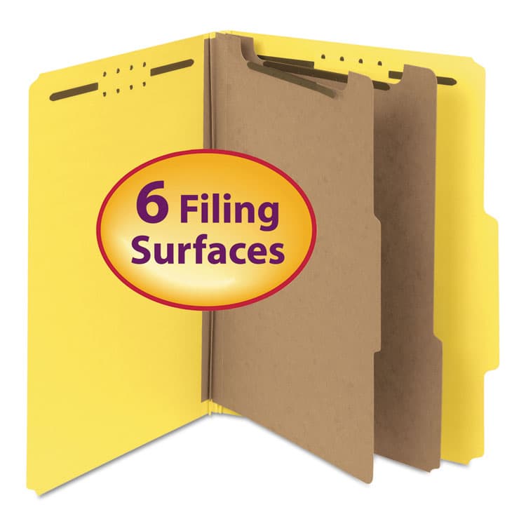 SMEAD MANUFACTURING CO. Recycled Pressboard Classification Folders, 2/5-Cut Tab, Expands 2", 2 Dividers, 6 Fasteners, Letter Size, Yellow, 10/BX (SMD14064) thumbnail 2
