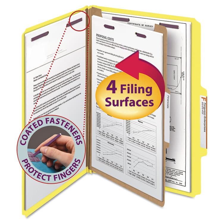 SMEAD MANUFACTURING CO. Pressboard Top Tab Classification Folders, Expands 2", 1 Divider, 4 SafeSHIELD Fasteners, Legal Size, Yellow, 10/Box (SMD18734)