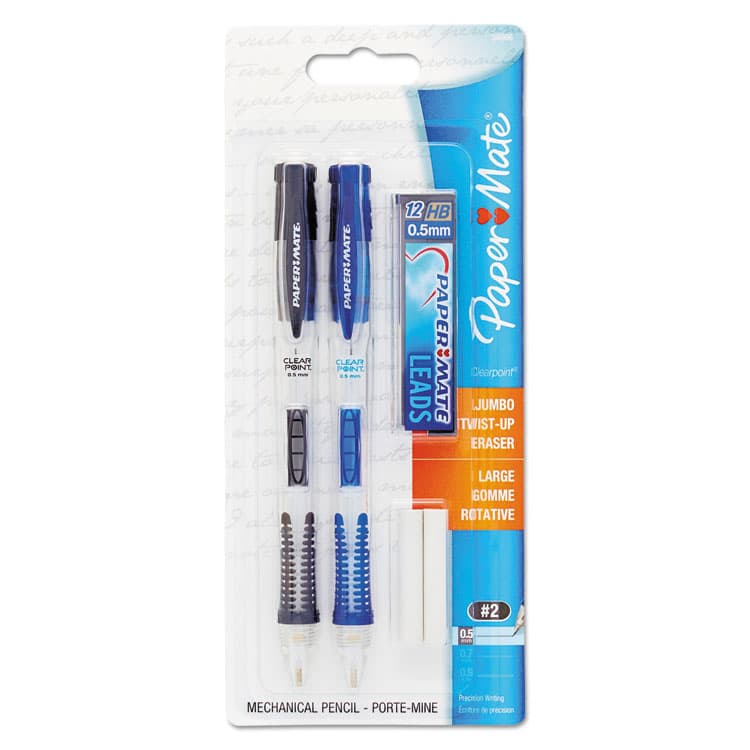 SANFORD Clear Point Mechanical Pencils with Tube of Lead/Erasers, 0.5 mm, HB(#2), Black Lead, Randomly Assorted Barrel Colors, 2/Pack (PAP34666PP)