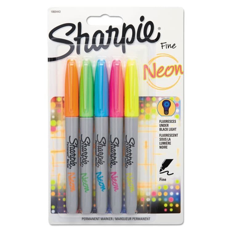 SANFORD Neon Permanent Markers, Fine Bullet Tip, Assorted Colors, 5/Pack (SAN1860443)