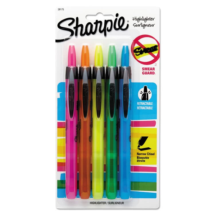 SANFORD Retractable Highlighters, Assorted Ink Colors, Chisel Tip, Assorted Barrel Colors, 5/Set (SAN28175PP)