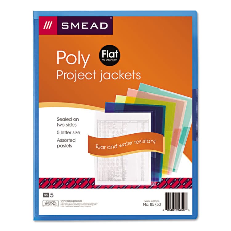 SMEAD MANUFACTURING CO. Organized Up Translucent Poly Project Jacket, Letter Size, Assorted Colors, 5/Pack (SMD85750)