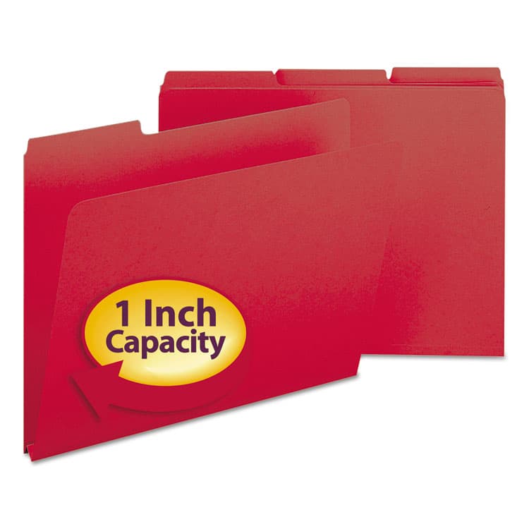 SMEAD MANUFACTURING CO. Expanding Recycled Heavy Pressboard Folders, 1/3-Cut Tabs: Assorted, Letter Size, 1" Expansion, Bright Red, 25/Box (SMD21538)
