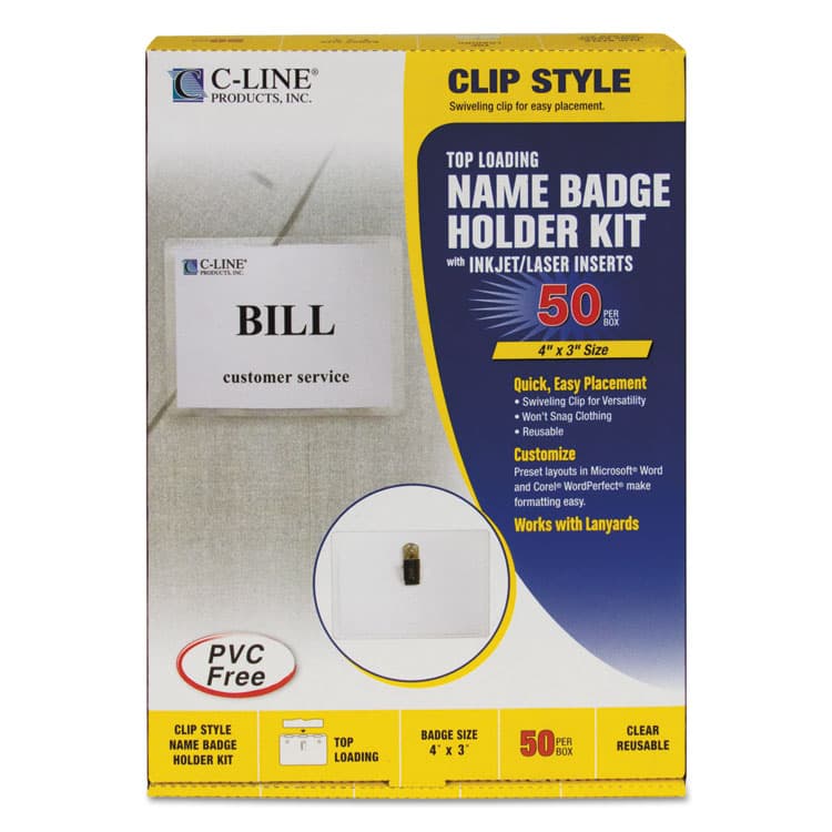 C-LINE PRODUCTS, Name Badge Kits, Top Load, 4 x 3, Clear, 50/Box (CLI95543) thumbnail 3