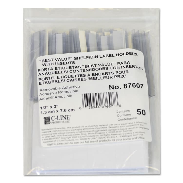 C-LINE PRODUCTS, Self-Adhesive Label Holders, Top Load, 0.5 x 3, Clear, 50/Pack (CLI87607)