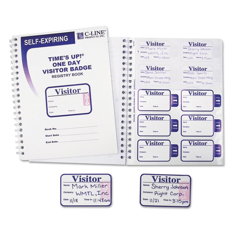 C-LINE PRODUCTS, Time's Up Self-Expiring Visitor Badges with Registry Log, 3 x 2, White, 150 Badges/Box (CLI97009)