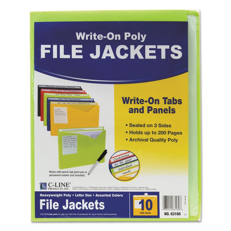 C-LINE PRODUCTS, Write-On Poly File Jackets, Straight Tab, Letter Size, Assorted Colors, 10/Pack (CLI63160)