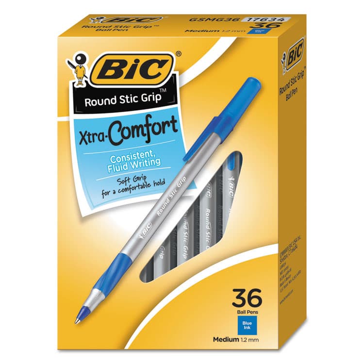 BIC CORP. Round Stic Grip Xtra Comfort Ballpoint Pen Value Pack, Easy-Glide, Stick, Medium 1.2 mm, Blue Ink, Gray/Blue Barrel, 36/Pack (BICGSMG361BE)