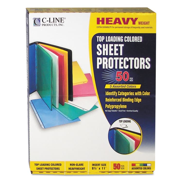 C-LINE PRODUCTS, Colored Sheet Protectors, Heavy-Duty, Side: 3-Hole Punched, Top Load 8.5 x 11 Insert, Assorted Transparent Colors, 50/Box (CLI62010)