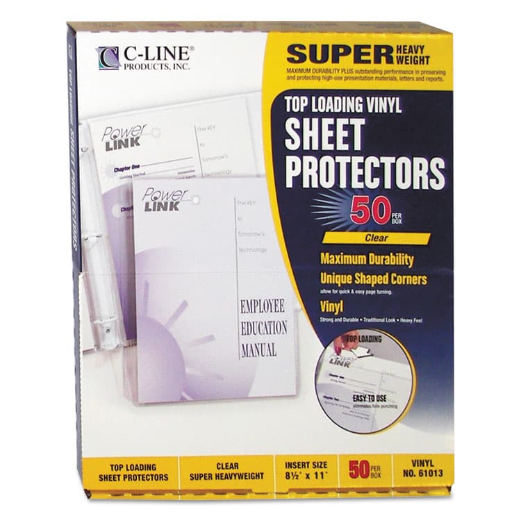 C-LINE PRODUCTS, Vinyl Sheet Protectors, Super Heavy-Duty, Side: 3-Hole Punched, Top Load 8.5 x 11 Insert, Clear Front, 50/Box (CLI61013)