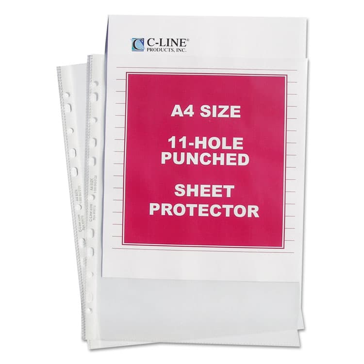 C-LINE PRODUCTS, A4 Standard Weight Sheet Protectors, Medium-Duty, Side: 11-Hole Punched, Top Load 8.25 x 11.75 Insert, Clear Front, 50/Box (CLI08037)