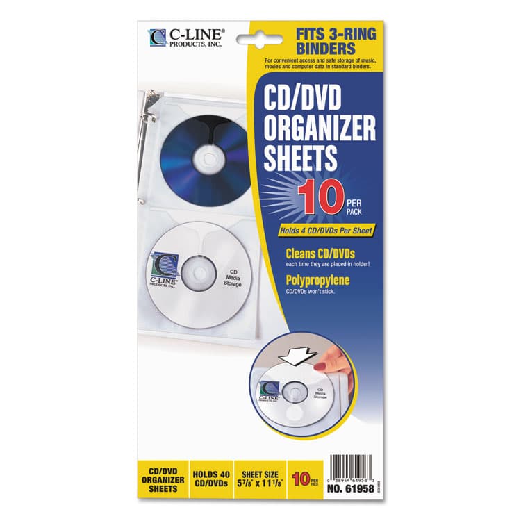 C-LINE PRODUCTS, Deluxe CD Ring Binder Storage Pages, Standard, 4 Disc Capacity, Clear/White, 10/Pack (CLI61958) thumbnail 2