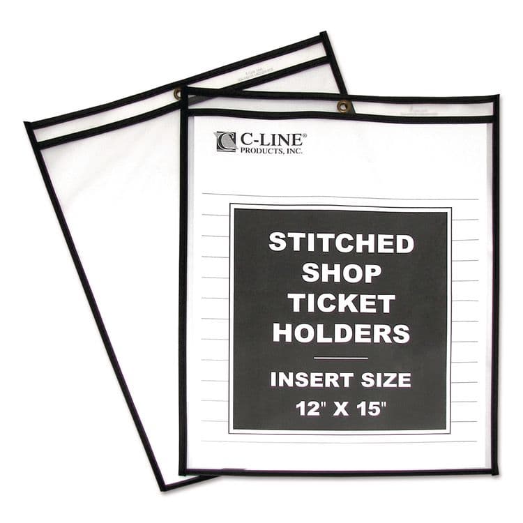 C-LINE PRODUCTS, Stitched Shop Ticket Holders, Heavy-Duty, Top Load 12 x 15 Insert, Clear Front, Black Border, 25/Box (CLI46125)