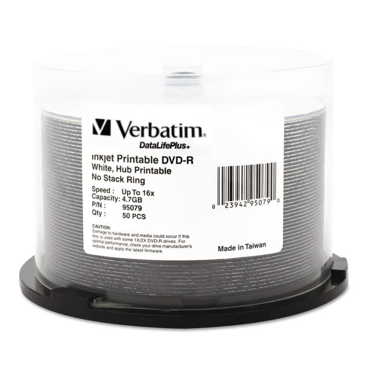 VERBATIM CORPORATION DVD-R DataLife Plus Printable Recordable Disc, 4.7 GB,16x, Spindle, White, 50/Pack (VER95079)