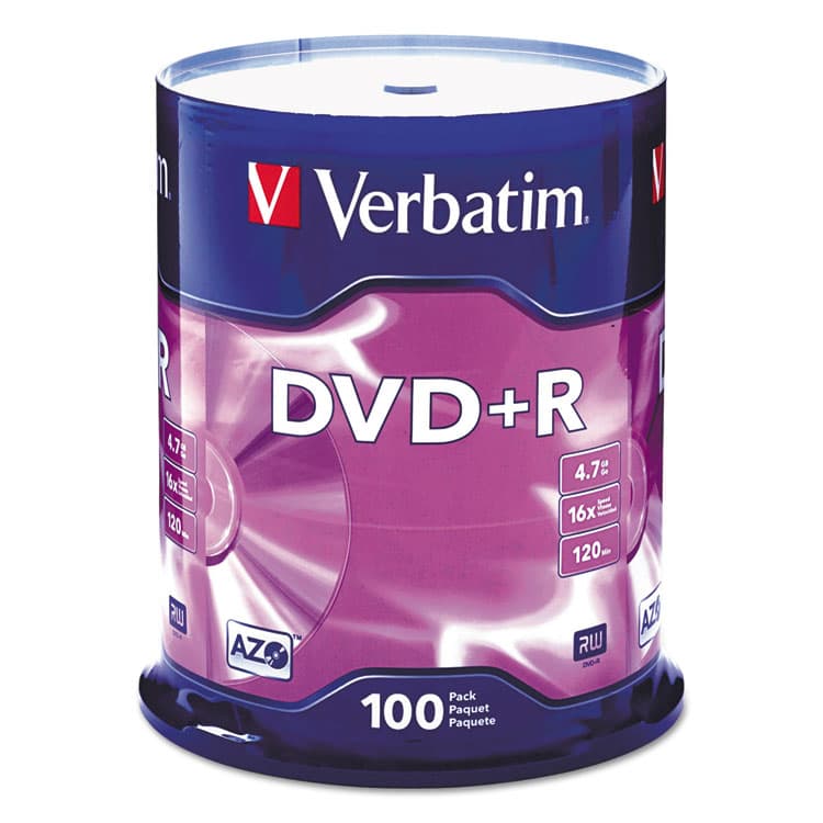 VERBATIM CORPORATION DVD+R Recordable Disc, 4.7 GB, 16x, Spindle, Silver, 100/Pack (VER95098)