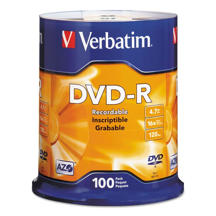 VERBATIM CORPORATION DVD-R Recordable Disc, 4.7 GB, 16x, Spindle, Silver, 100/Pack (VER95102)