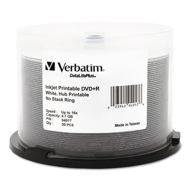 VERBATIM CORPORATION DVD+R Recordable Disc, 4.7 GB, 16x, Spindle, Hub Printable, White, 50/Pack (VER94917)