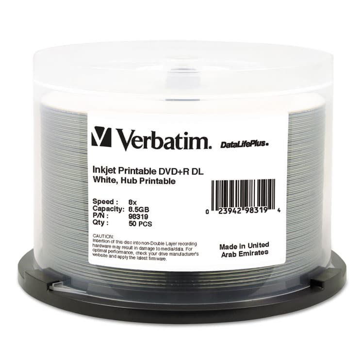 VERBATIM CORPORATION DVD+R Dual Layer Printable Recordable Disc, 8.5 GB, 8x, Spindle, White, 50/Pack (VER98319)