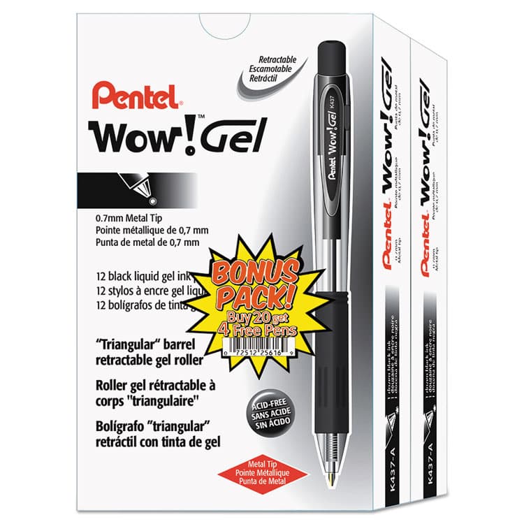 PENTEL OF AMERICA WOW! Gel Pen, Retractable, Medium 0.7 mm, Black Ink, Clear/Black Barrel, 24/Pack (PENK437ASW2) thumbnail 2