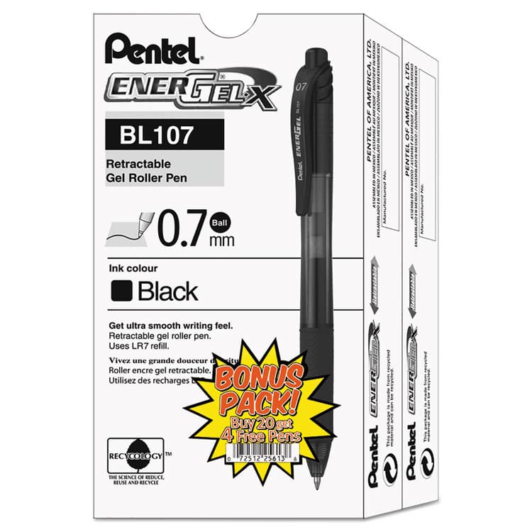 PENTEL OF AMERICA EnerGel-X Gel Pen, Retractable, Medium 0.7 mm, Black Ink, Smoke/Black Barrel, 24/Pack (PENBL107ASW2) thumbnail 2