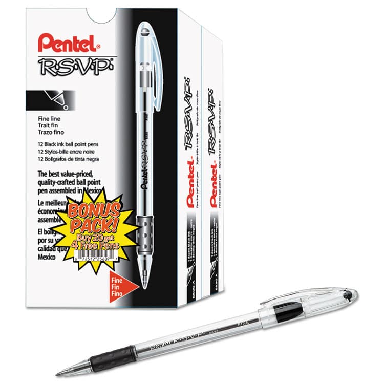 PENTEL OF AMERICA R.S.V.P. Ballpoint Pen Value Pack, Stick, Fine 0.7 mm, Black Ink, Clear/Black Barrel, 24/Pack (PENBK90ASW2) thumbnail 3