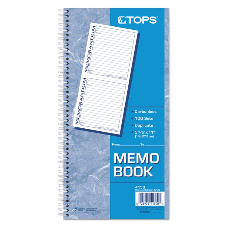 TOPS BUSINESS FORMS Memorandum Book, Two-Part Carbonless, 5.5 x 5, 2 Forms/Sheet, 100 Forms Total (TOP4150) thumbnail 2