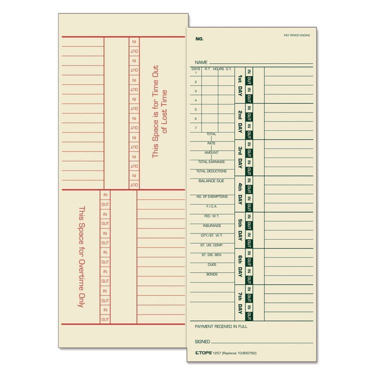 TOPS BUSINESS FORMS Time Clock Cards, Replacement for 10-800762, Two Sides, 3.5 x 9, 500/Box (TOP1257)