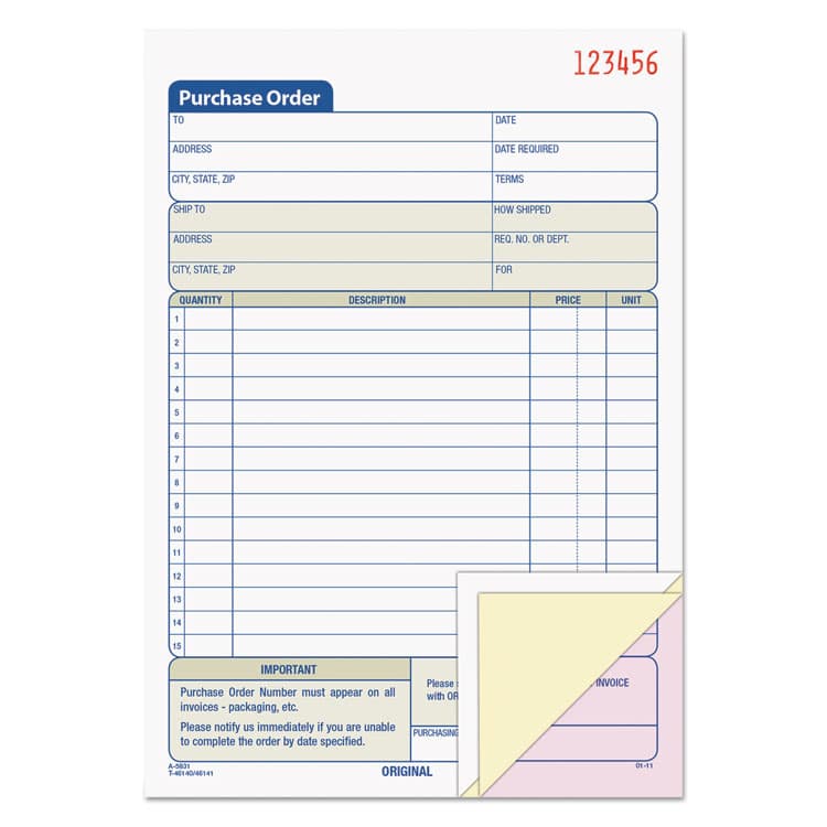 TOPS BUSINESS FORMS Purchase Order Book, 15 Lines, Three-Part Carbonless, 5.56 x 8.44, 50 Forms Total (TOP46141)