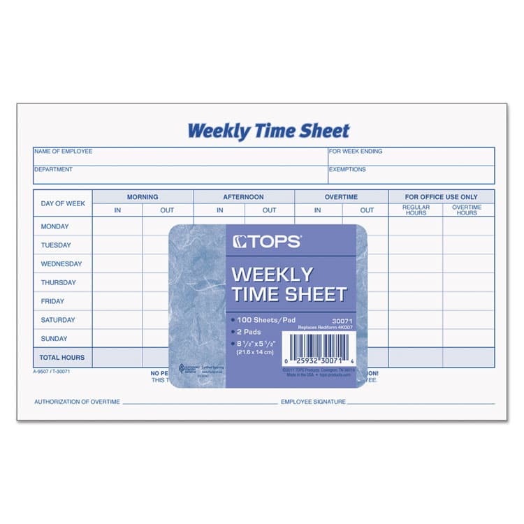 TOPS BUSINESS FORMS Weekly Time Sheets, One-Part (No Copies), 8.5 x 5.5, 50 Forms/Pad, 2 Pads/Pack (TOP30071) thumbnail 2