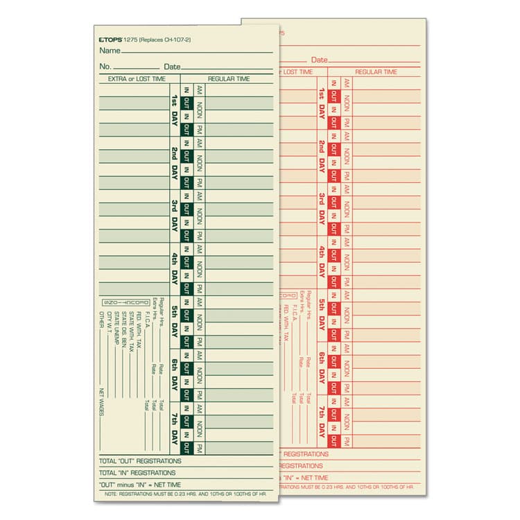 TOPS BUSINESS FORMS Time Clock Cards, Replacement for CH-107-2, Two Sides, 3.5 x 9, 500/Box (TOP1275)