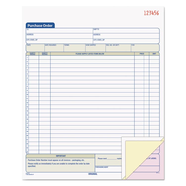 TOPS BUSINESS FORMS Purchase Order Book, 22 Lines, Three-Part Carbonless, 8.38 x 10.19, 50 Forms Total (TOP46147)