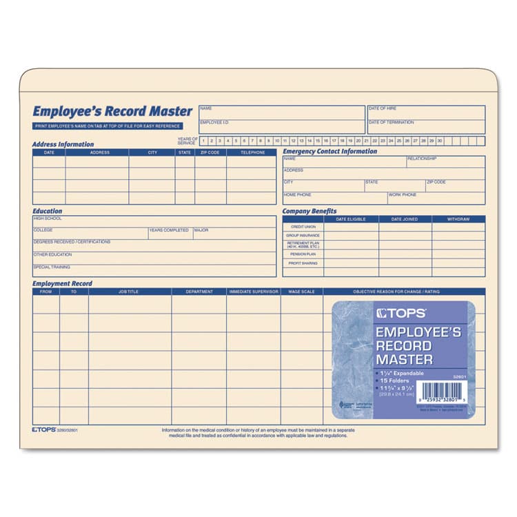TOPS BUSINESS FORMS Employee Record Master File Jacket, Straight Tab, Letter Size, Manila, 15/Pack (TOP32801)