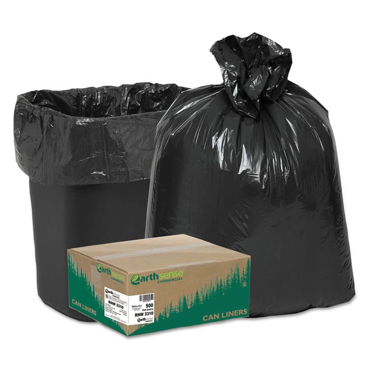 WEBSTER INDUSTRIES Linear Low Density Recycled Can Liners, 16 gal, 0.85 mil, 24" x 33", Black, 25 Bags/Roll, 20 Rolls/Carton (WBIRNW3310)