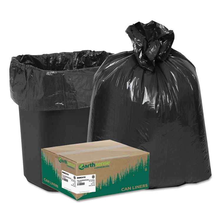 WEBSTER INDUSTRIES Linear Low Density Recycled Can Liners, 10 gal, 0.85 mil, 24" x 23", Black, 25 Bags/Roll, 20 Rolls/Carton (WBIRNW2410)